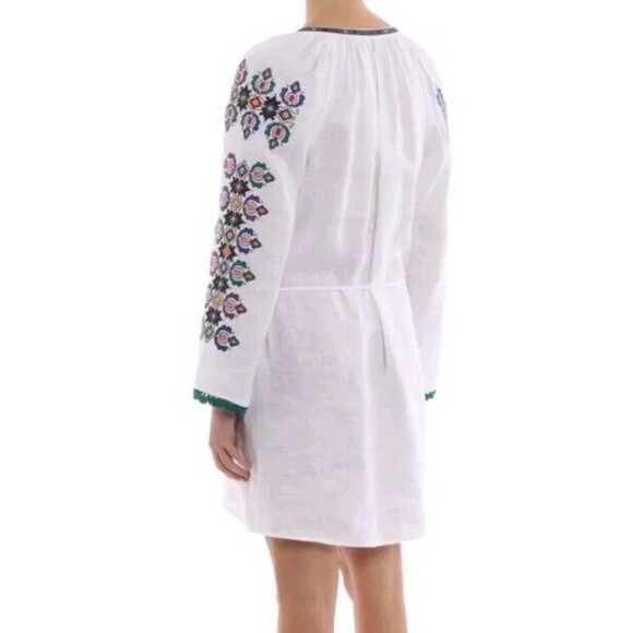 Tory Burch Embroidered Summer Linen Mini White Boho Dress V‎ Neck Womens Size M - Picture 2 of 9